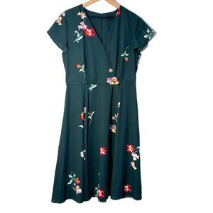 Ann Taylor Faux Wrap Dress Women’s 8 Forest Green Pink Floral Midi Dress.